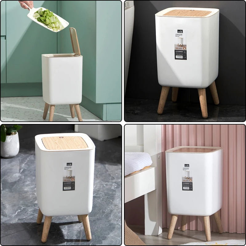 Clarify.pk modern square trash bin with wooden legs and lid in white for stylish home waste management