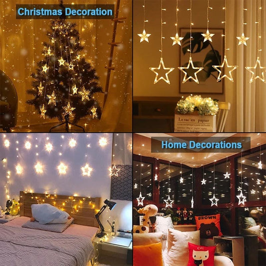 Decorative moon star curtain lights showcasing warm star-shaped string lights for festive and home decorations