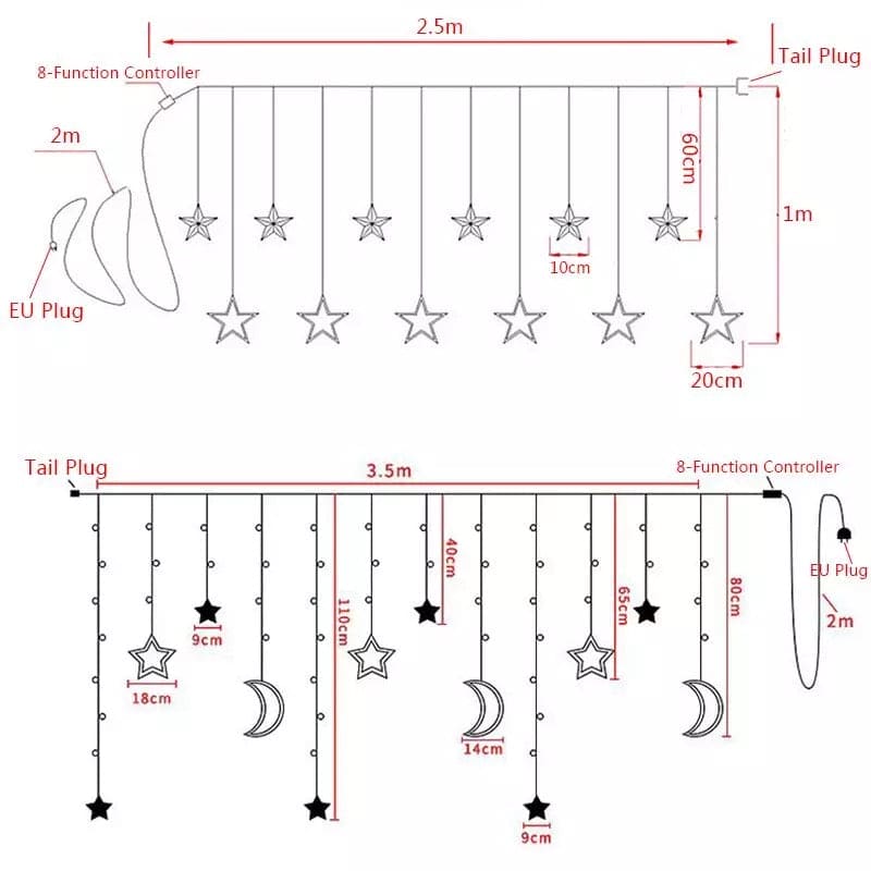 Diagram showing dimensions and layout of moon star curtain lights with star and moon shapes