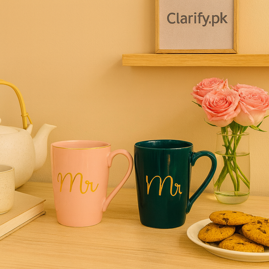 Set of Mr and Mrs ceramic mugs with pink and dark green colors placed on wooden table with flowers and cookies