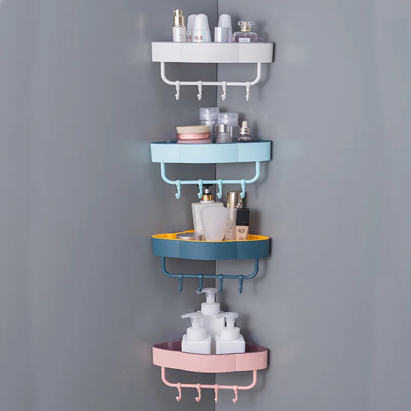 Wall-mounted corner shower shelf set in white blue yellow and pink with hooks for bathroom storage