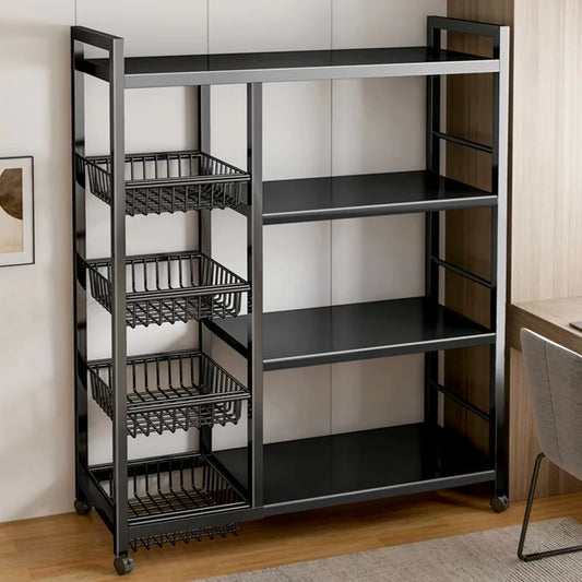Black multi functional kitchen storage rack with shelves and baskets on wheels for organized kitchen storage