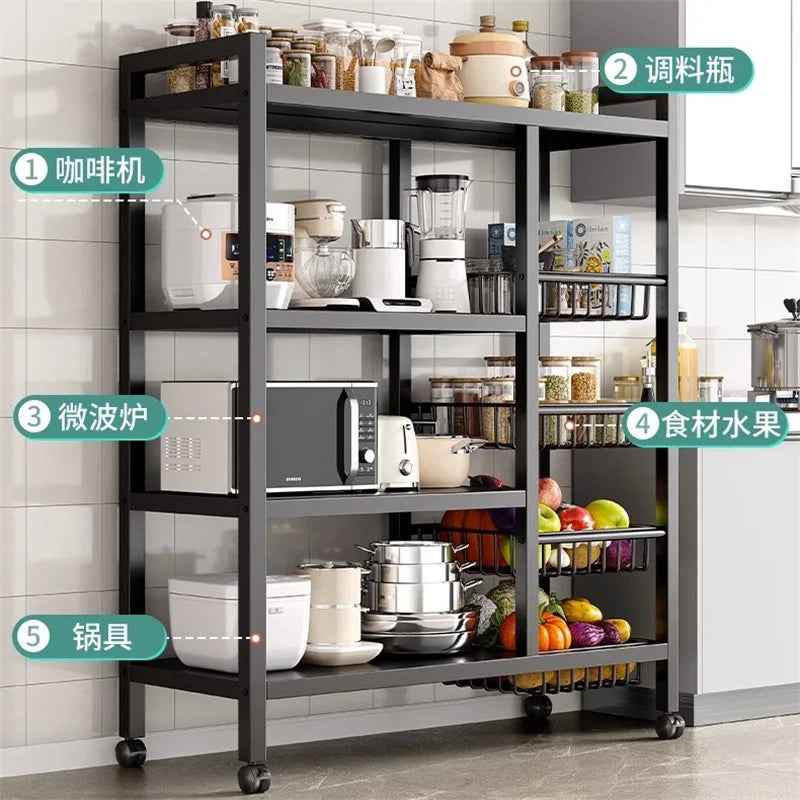 Multi functional kitchen storage rack with multiple shelves holding jars, blender, microwave, cookware, and fresh fruits