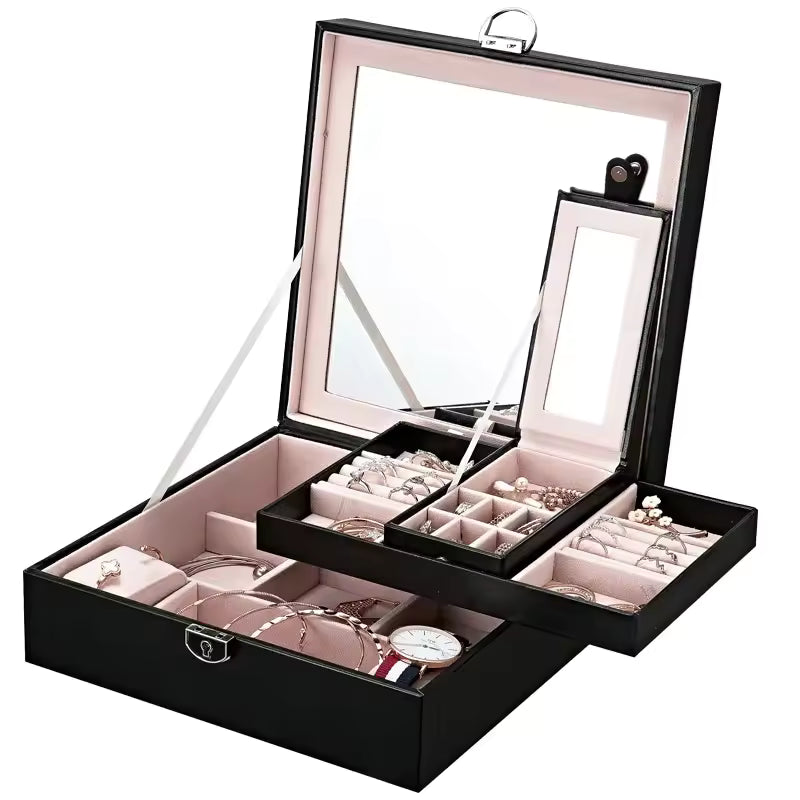Clarify.pk multi functional leather jewelry box with multiple compartments and a built-in mirror