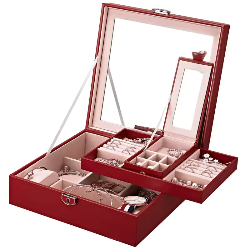 Clarify.pk multi functional leather jewelry box in red with multiple compartments and a clear lid