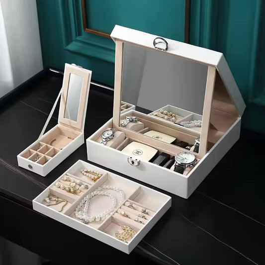 Clarify.pk multi functional leather jewelry box with mirror and organized compartments for watches and jewelry