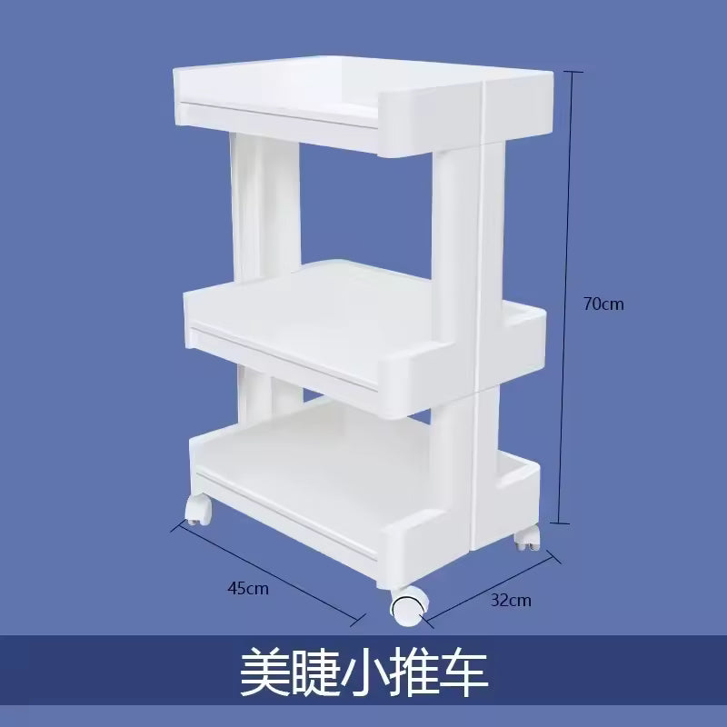 White multi-layer drawer trolley with three tiers and wheels, dimensions 70cm height 45cm width 32cm depth