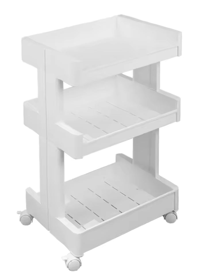White multi-layer drawer trolley with three storage trays and caster wheels for easy mobility