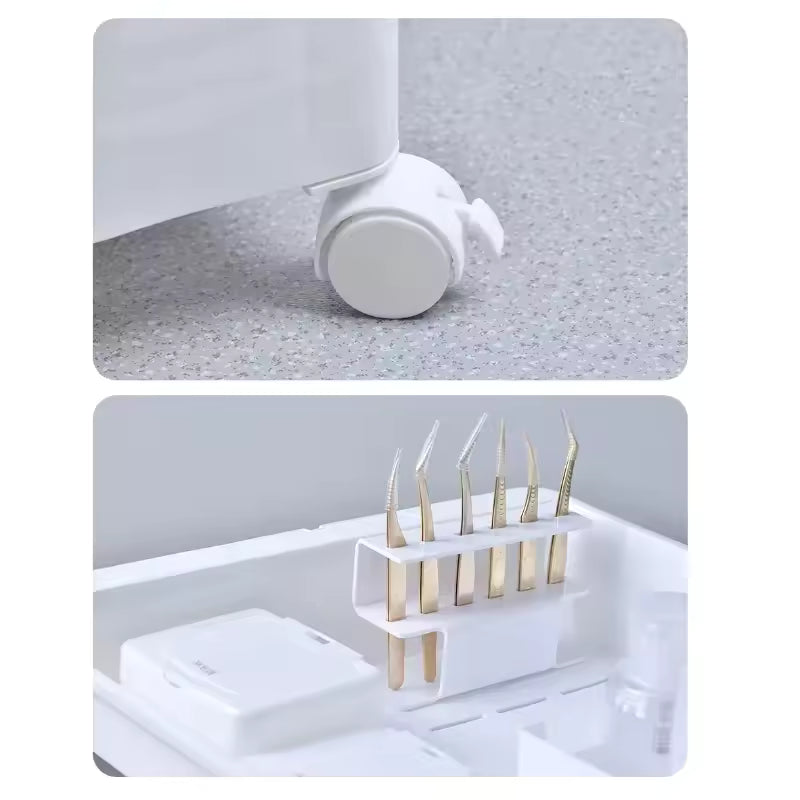 Close-up of white wheels and organized tools inside a Clarify.pk multi-layer drawer trolley