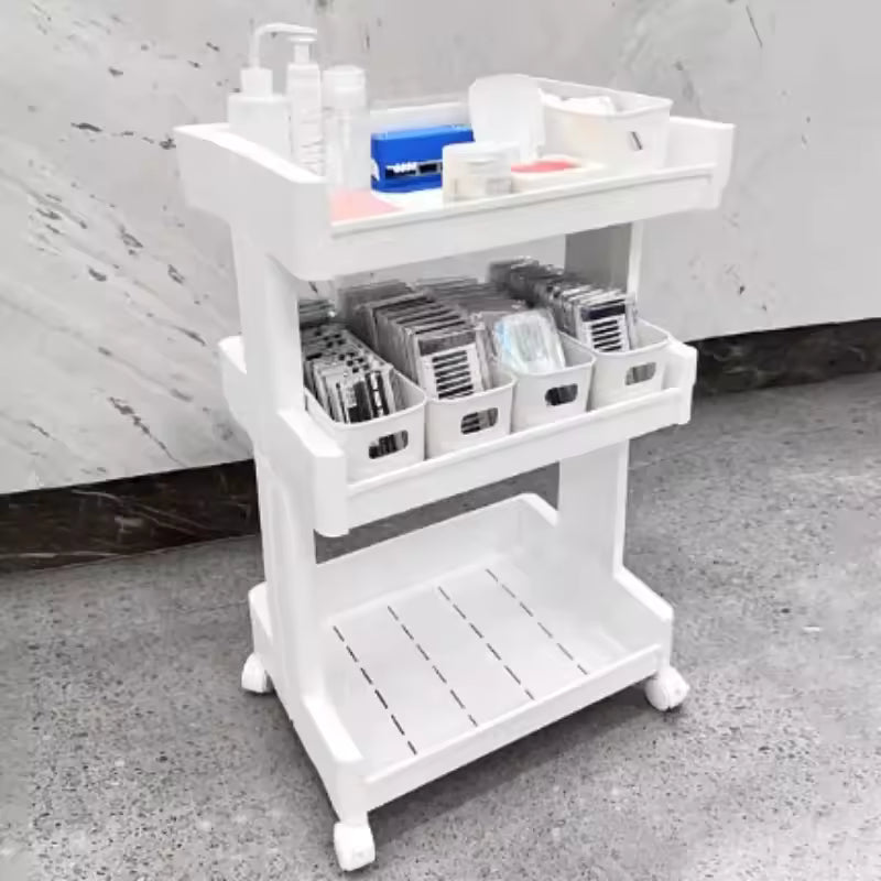White Clarify.pk multi-layer drawer trolley with three shelves and wheels for easy storage and organization