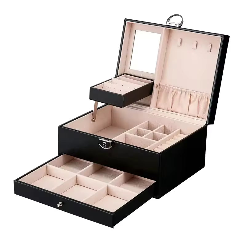 Clarify.pk black multi-layer jewelry storage case with multiple compartments and a built-in mirror