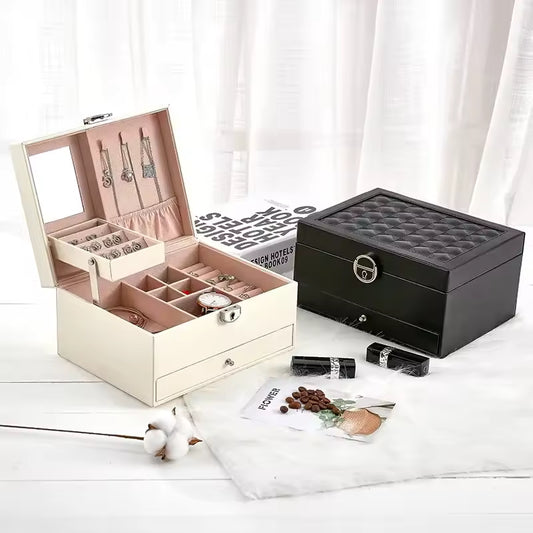 Clarify.pk multi-layer jewelry storage case in black and white with compartments for rings necklaces and watches