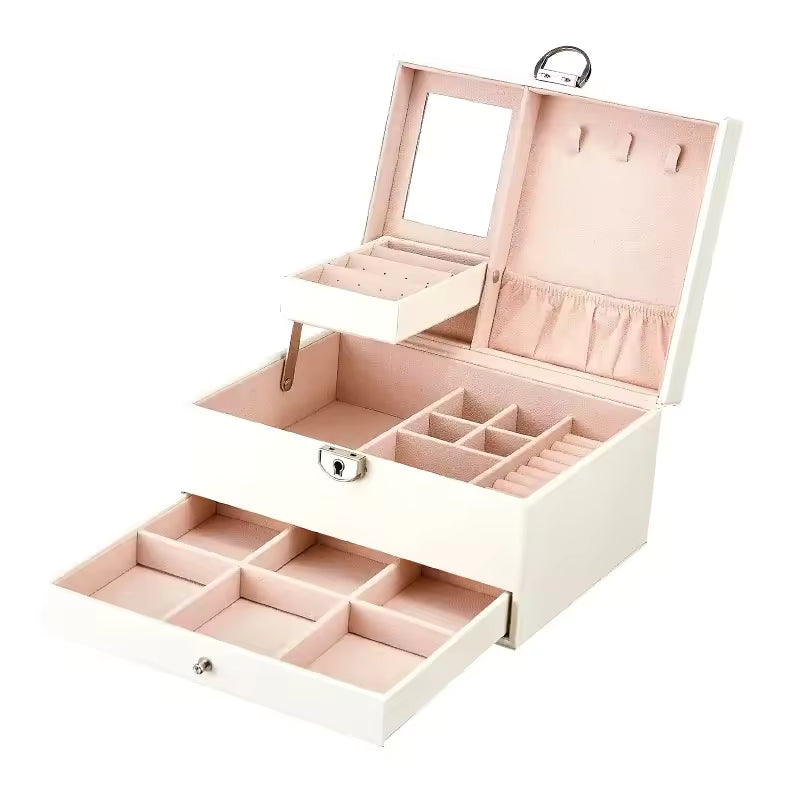 Clarify.pk multi-layer jewelry storage case in white with multiple compartments and hooks for organized jewelry