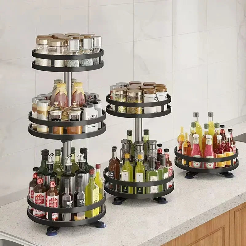 Clarify.pk multi-layer kitchen storage organizer with three-tier and two-tier metal shelves holding jars and bottles