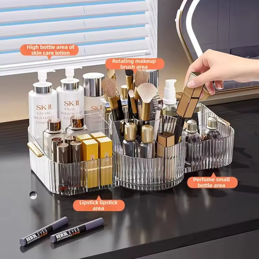 Clear multi-layer makeup storage rack organizing skincare lotion, makeup brushes, lipsticks, and perfume bottles