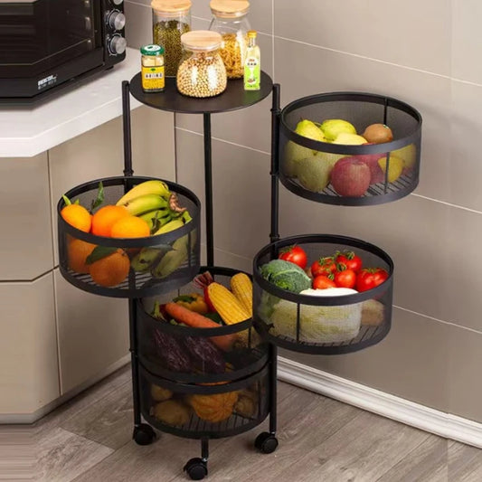 Clarify.pk multi layer vegetable and fruit organizer with black metal frame and mesh baskets on wheels