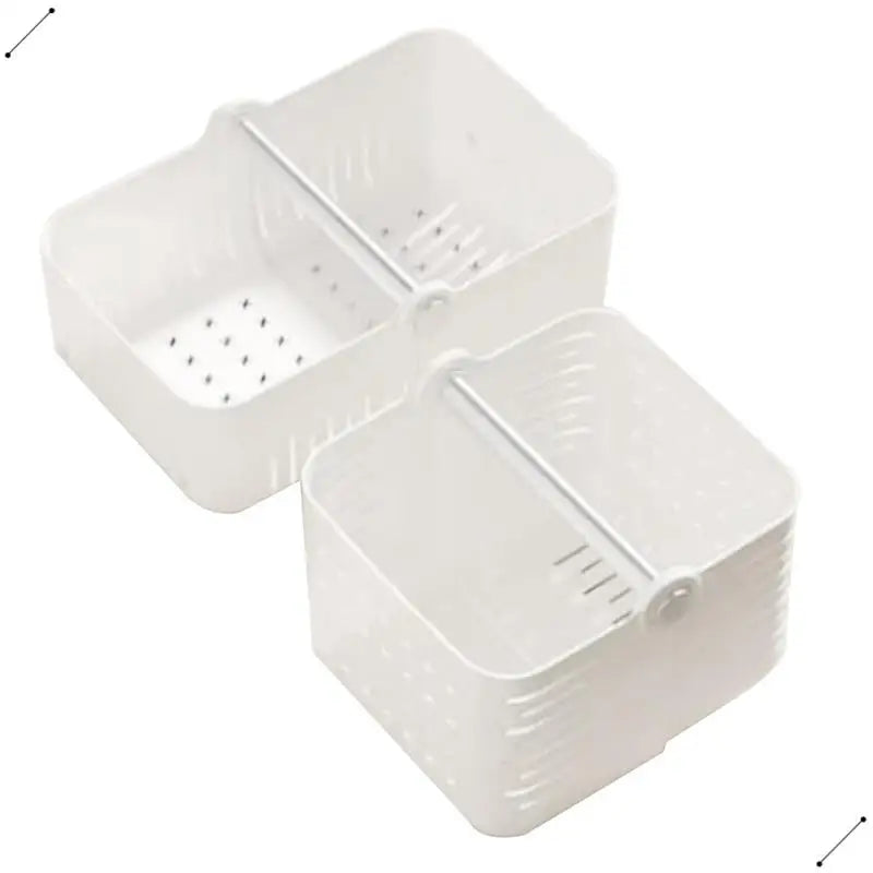 White multi-purpose bathroom organizer basket with two compartments and ventilation holes