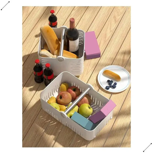 White multi-purpose bathroom organizer basket holding fruits, bottles, and boxes on wooden floor