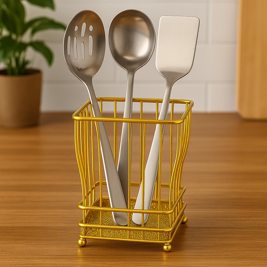 Gold metal multi-purpose organizer holding stainless steel kitchen utensils on wooden counter