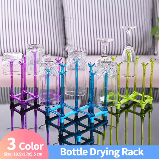 Colorful plastic glass cup drying rack with multiple branches holding upside down glasses