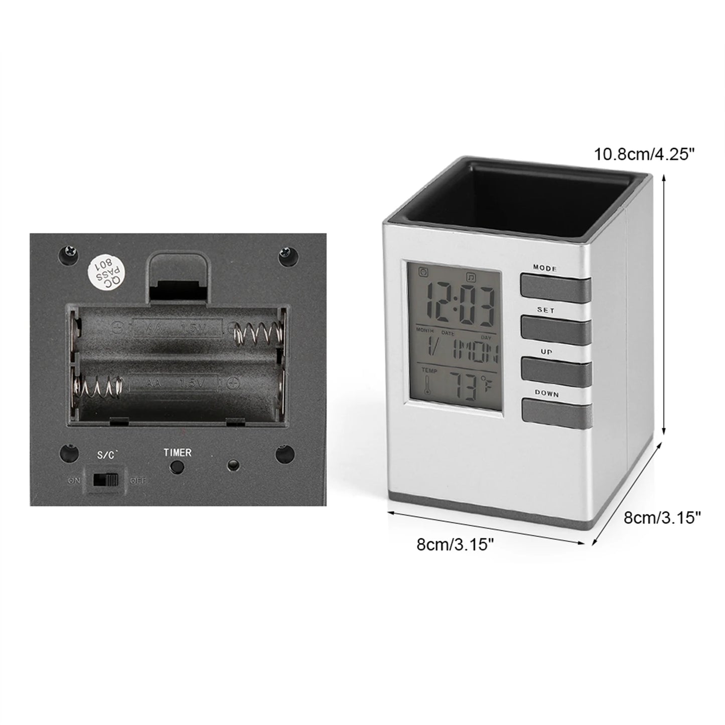 Multifunctional alarm clock with pen holder in silver with digital display and control buttons