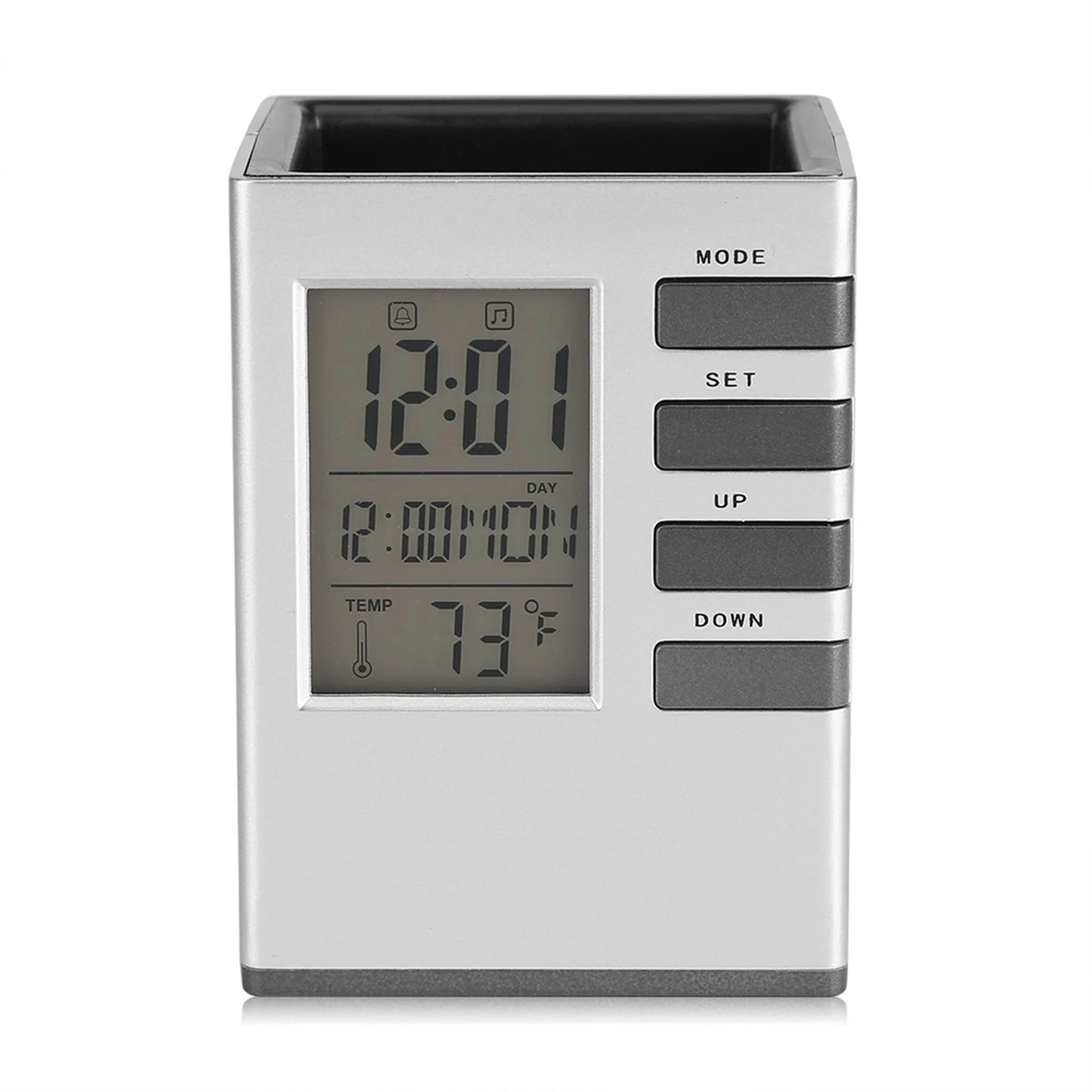 Silver multifunctional alarm clock with pen holder displaying time date and temperature