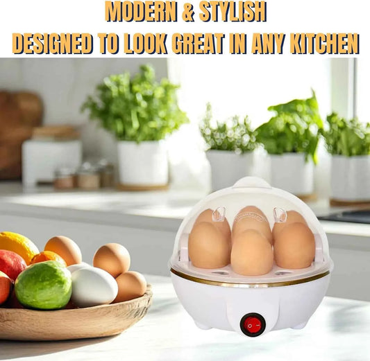 Modern and stylish multifunctional egg boiler with eggs on a kitchen counter surrounded by vegetables