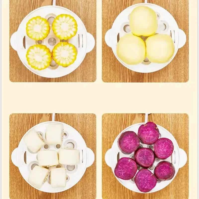 Multifunctional egg boiler with steamed corn, potatoes, and sweet potatoes in a compact design