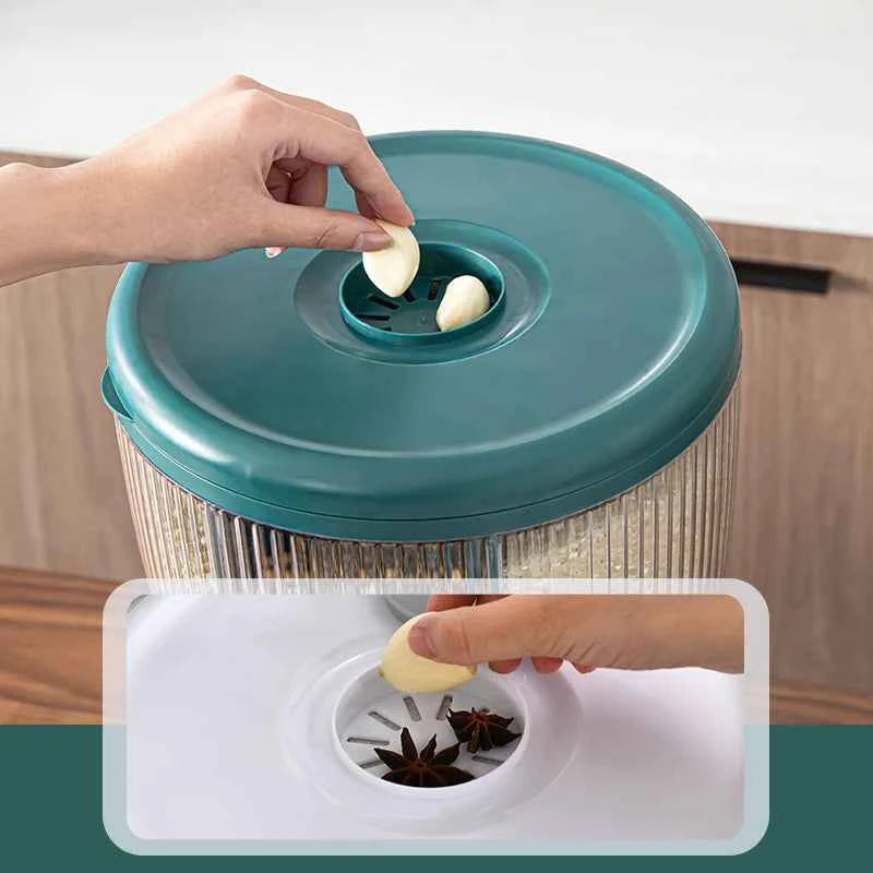 Multifunctional kitchen storage container with a teal lid designed for easy ingredient access and storage