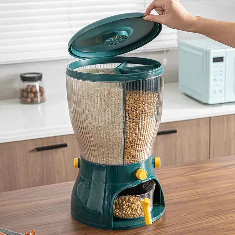 Multifunctional kitchen storage container for organizing and dispensing dry goods easily