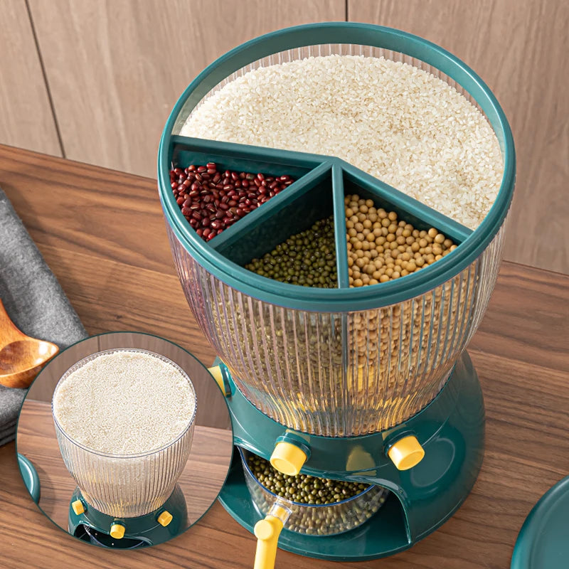 Multifunctional kitchen storage container with three compartments for rice and beans on a wooden table