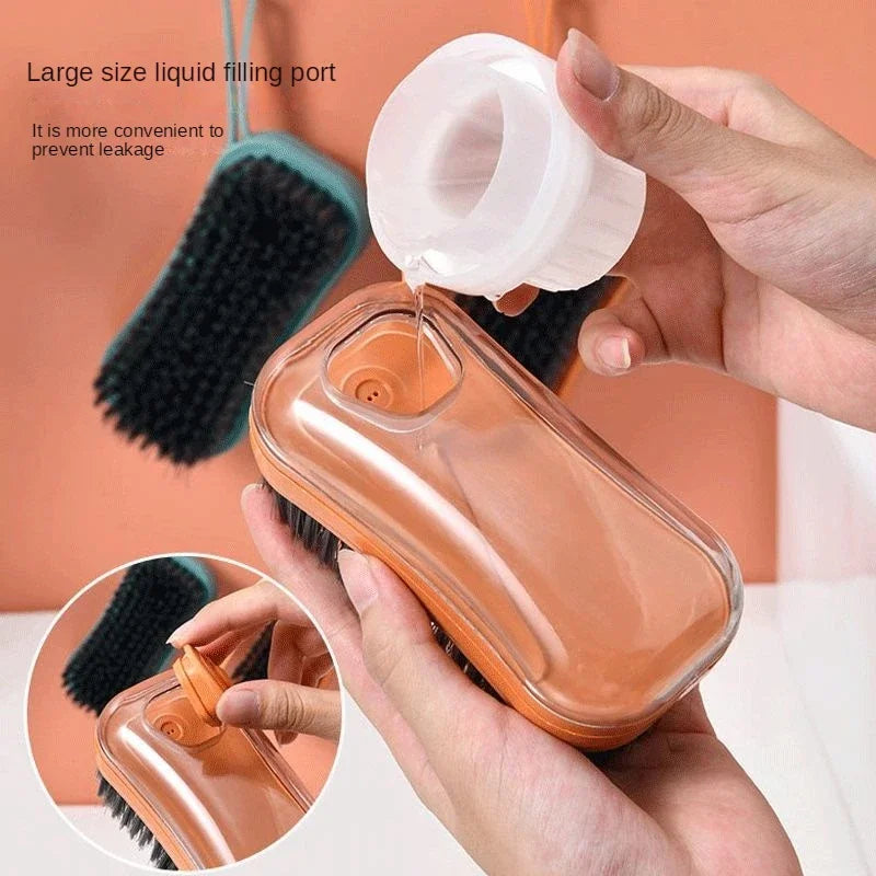 Hands filling multifunctional liquid brush with liquid through large size liquid filling port to prevent leakage