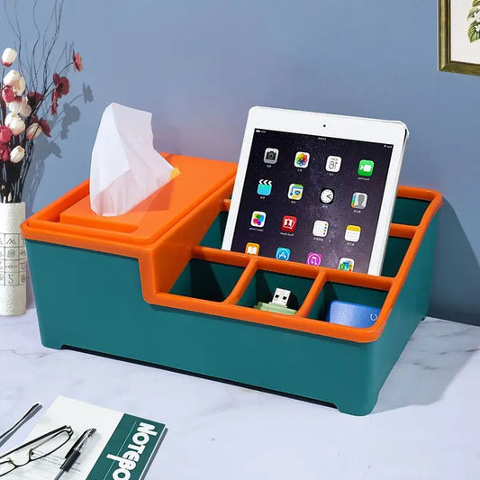 Clarify.pk multifunctional organizer for desk in teal and orange holding tablet tissue and small items