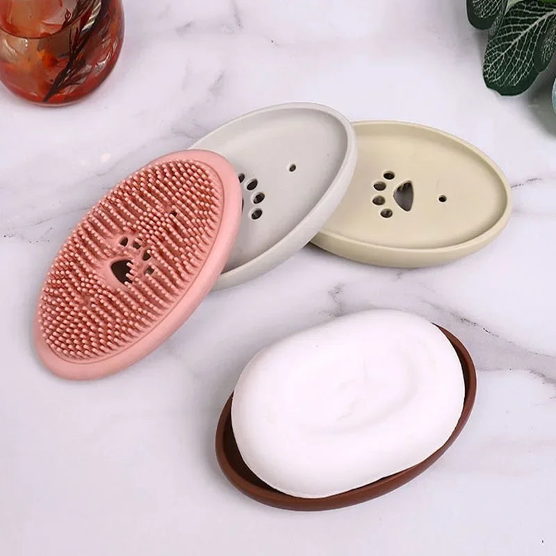 Multifunctional silicone soap box with drainage holes and scrubber surface in multiple colors