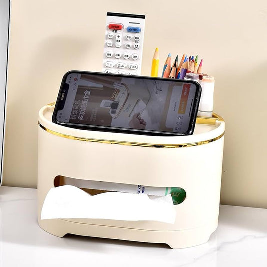 Clarify.pk multifunctional tissue box with phone holder, pencil storage, and remote control slot in white and gold