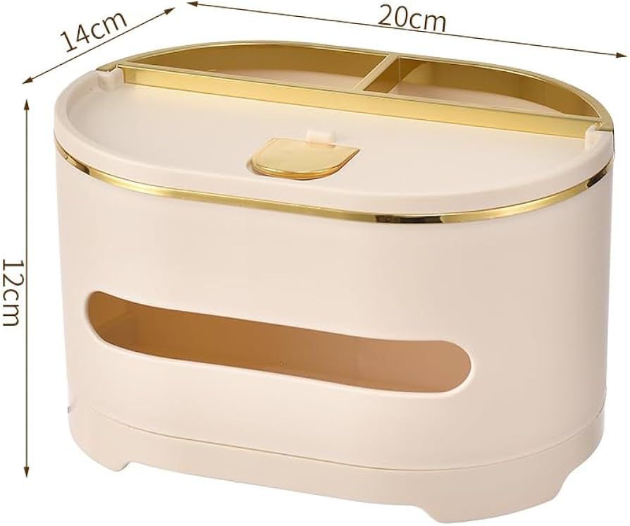 Beige and gold multifunctional tissue box with compartments and dimensions 20cm by 14cm by 12cm