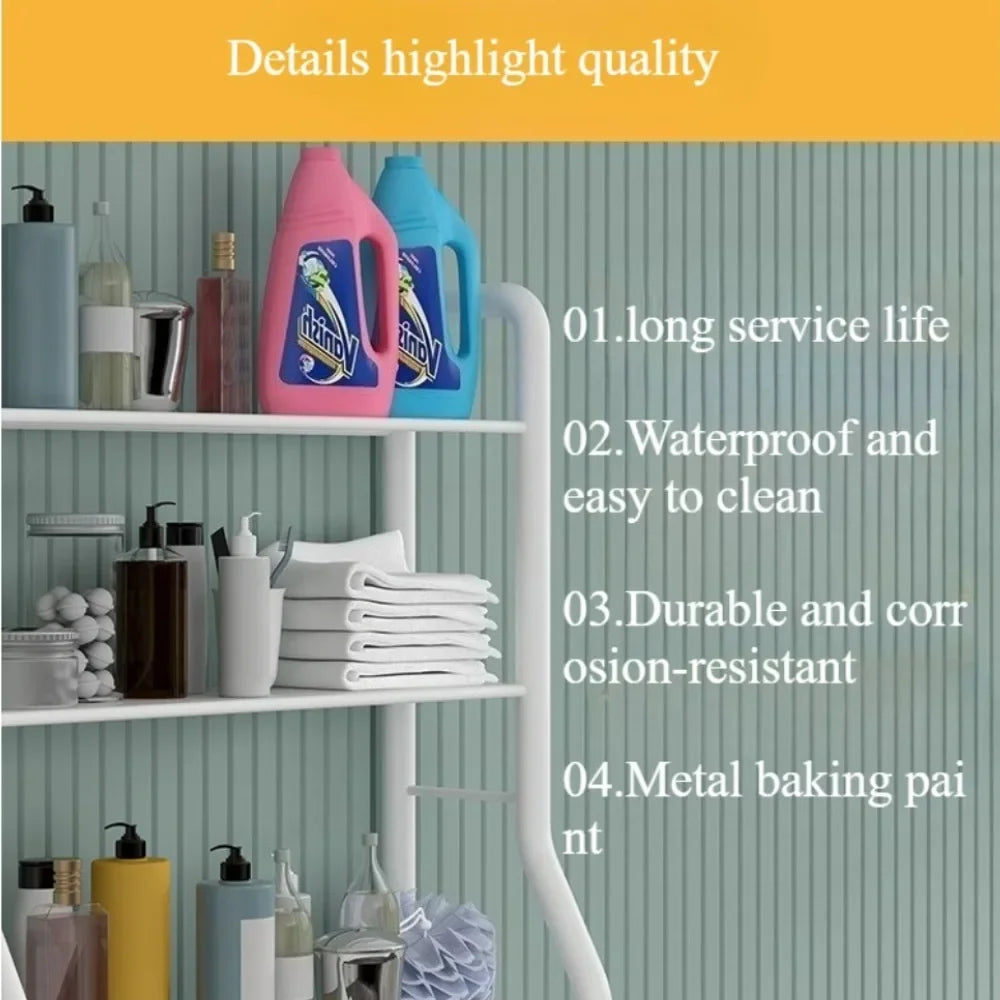 White multifunctional toilet rack with multiple shelves holding cleaning supplies and towels