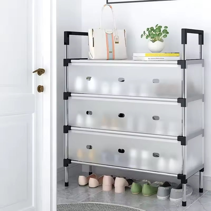 Clarify.pk multilayer dustproof shoes rack with three covered shelves and storage space on top