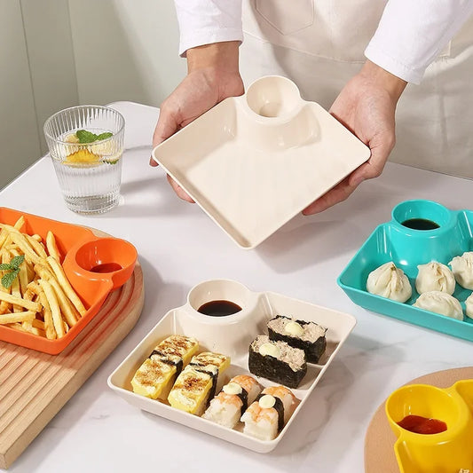 Clarify.pk multipurpose snack plates with sauce compartment holding dumplings and snacks in various colors
