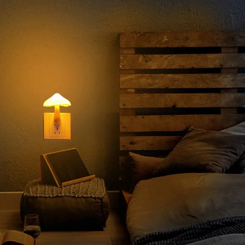 Cozy bedroom with a warm glowing mushroom night light plug in illuminating the wall near a wooden bed frame