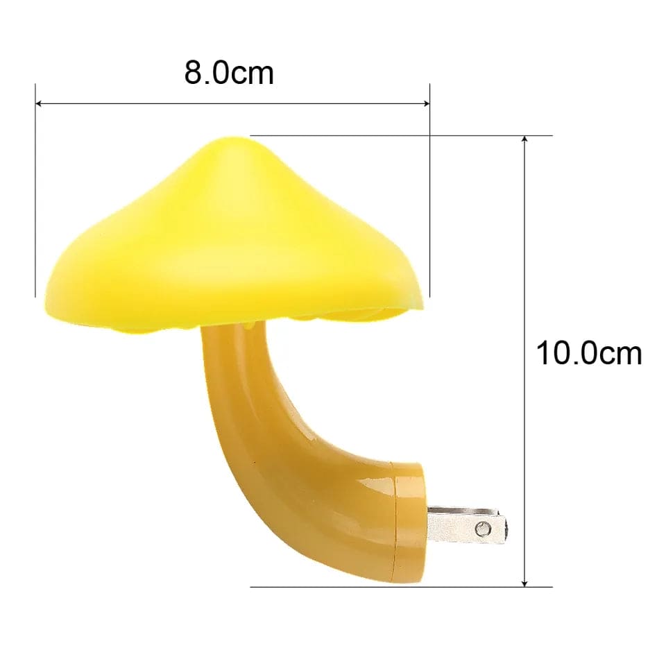 Yellow mushroom night light plug in with curved stem and 8cm width by 10cm height dimensions