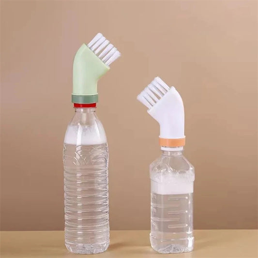 Narrow space cleaning tool for bottles with angled white bristles attached to water bottles