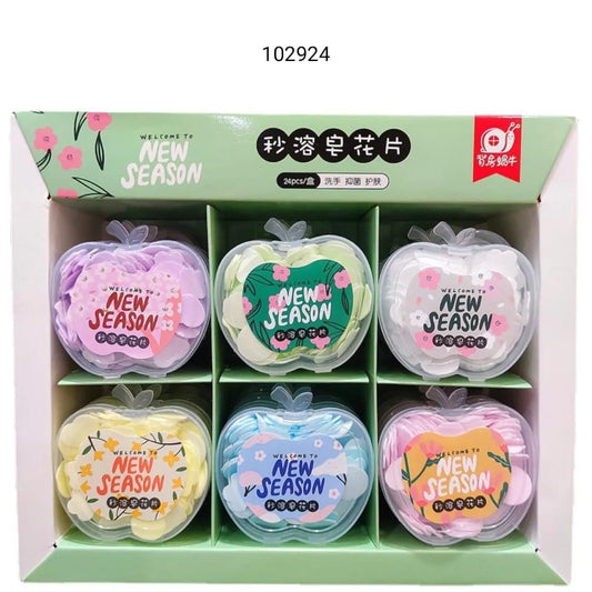 Clarify.pk New Season paper soap sheets in six apple-shaped containers with floral designs