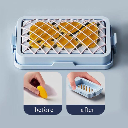 Blue non slip soap holder with mesh top preventing soap slippage shown before and after use