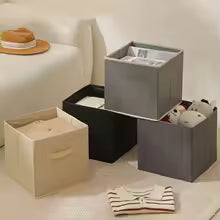 Set of non-woven storage basket with handle in beige black and gray for organizing household items
