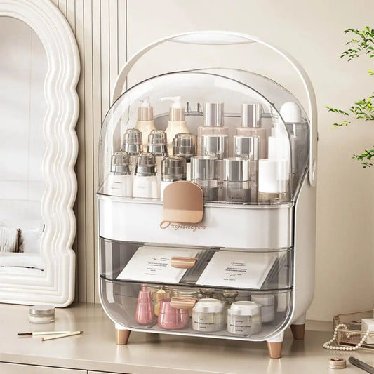 layered waterproof cosmetics box with clear dome cover handle and three transparent drawers in white organizer