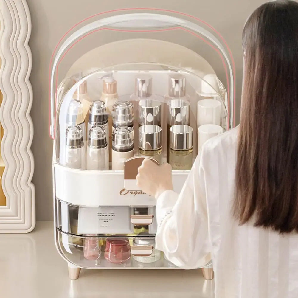 Woman accessing a layered waterproof cosmetics box with clear dome top multiple tiers of bottles and pull out drawers