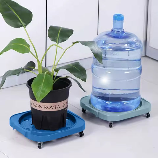 Clarify.pk outdoor indoor rolling flower pot tray in blue and green holding plant and water jug on wheels