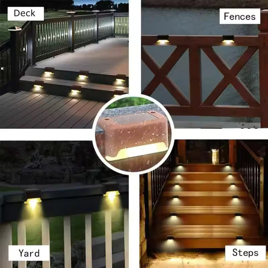Pack of 4 solar led staircase lights outdoor by Clarify.pk installed on deck fences yard and steps