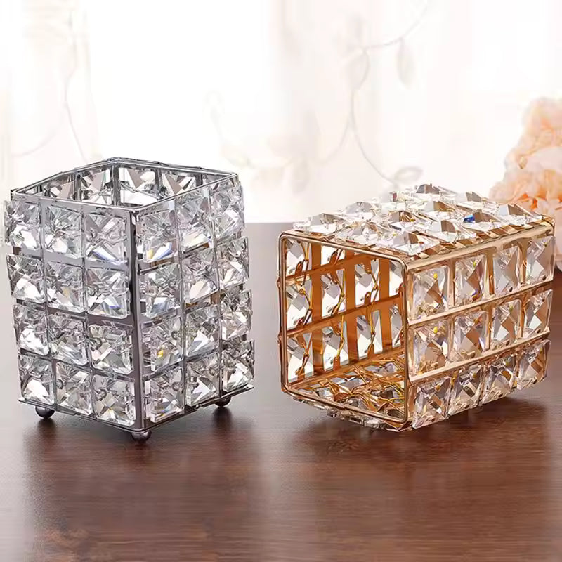 Clarify.pk crystal makeup brush holder candle holders in silver and gold with clear crystal design